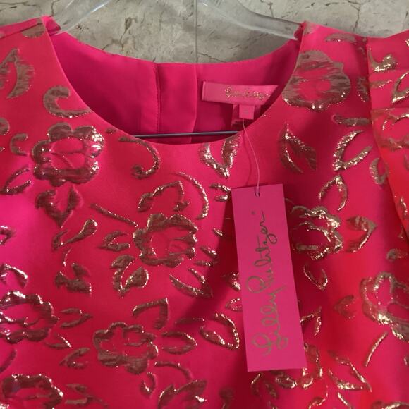 Lilly Pulitzer Pratt Top Pink Gold Brocade Puff Sleeve Party Blouse NWT - Small - Picture 4 of 10